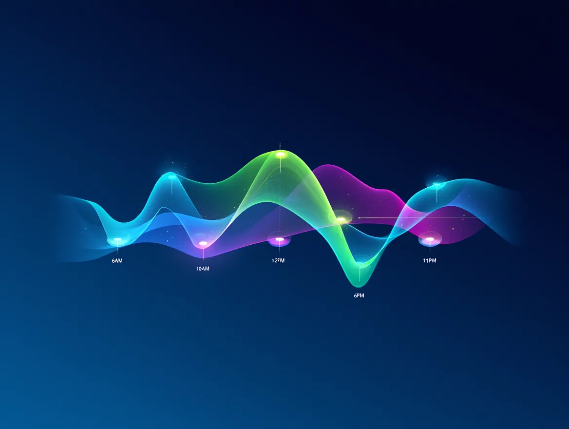Abstract visualization of energy flow patterns throughout the day with smooth wave connections between key checkpoints