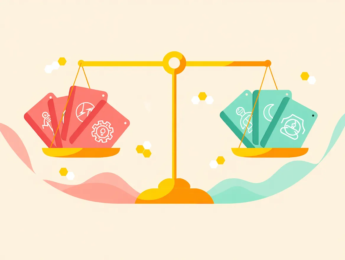 Abstract diagram showing balanced elements with structured cards and geometric shapes representing equilibrium between activity and rest